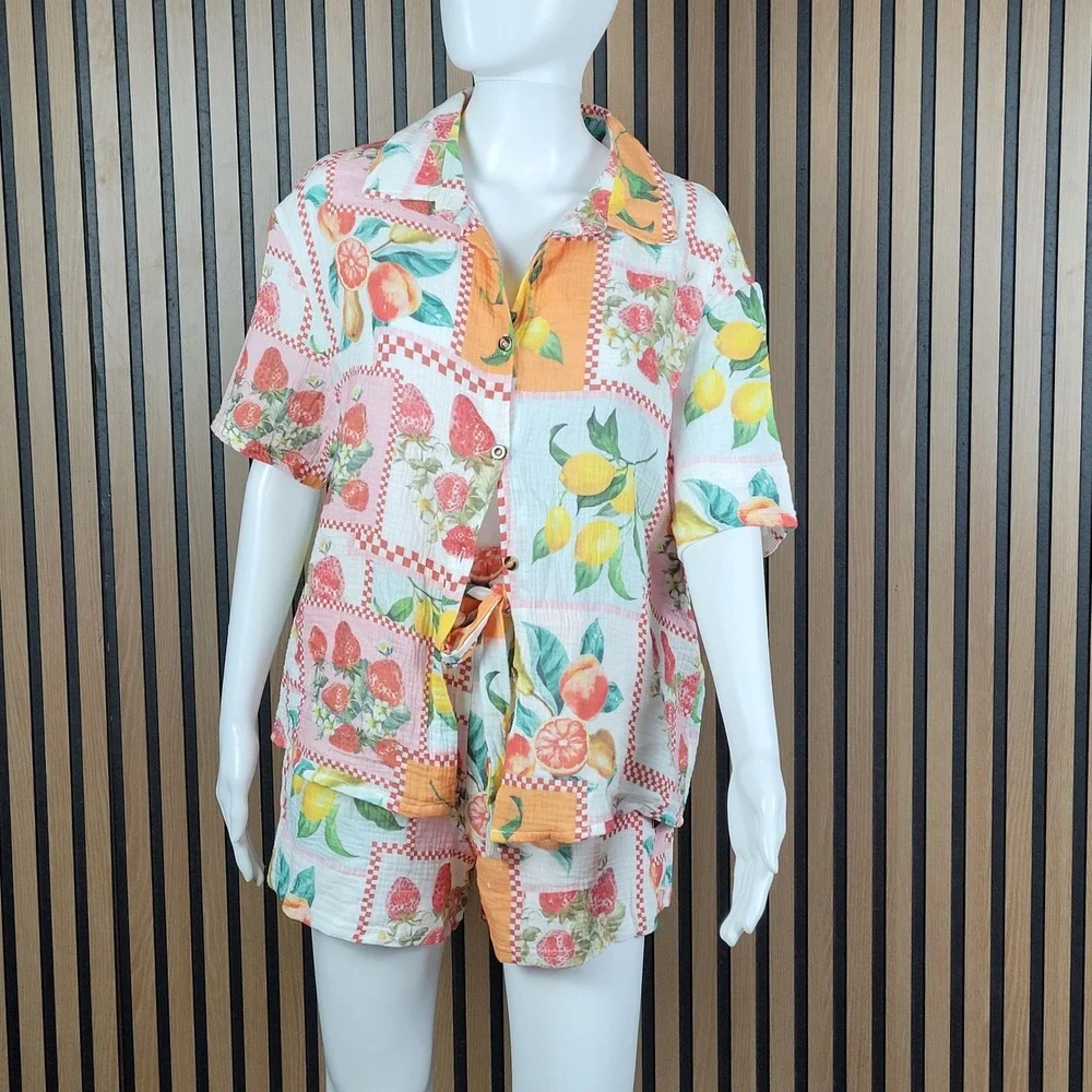 Angel Cut 2 Piece Shorts Set Womens M Multicolor Fruit Print Gauze Tropical  NWT